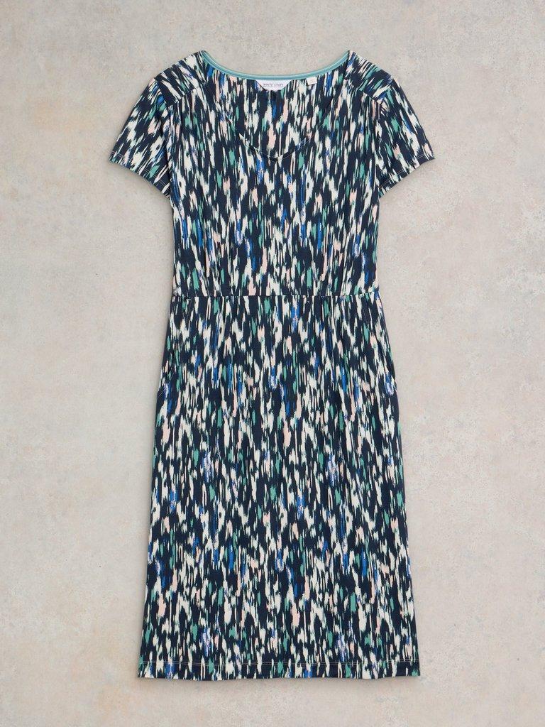 Tallie V Neck Jersey Dress in NAVY MULTI - FLAT FRONT