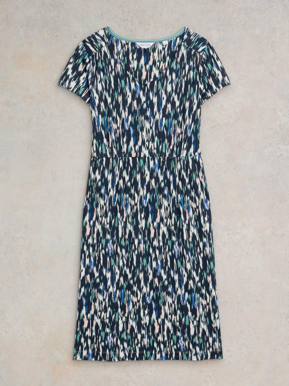 Tallie V Neck Jersey Dress in NAVY MULTI - FLAT FRONT