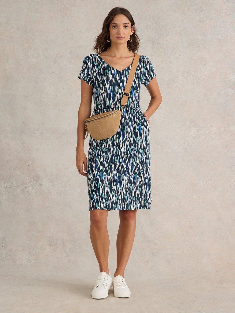 Tallie V Neck Jersey Dress in NAVY MULTI - MODEL FRONT