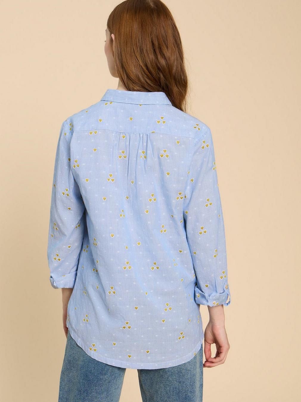 Sophie Heart Embroidered Shirt in BLUE MLT - MODEL BACK