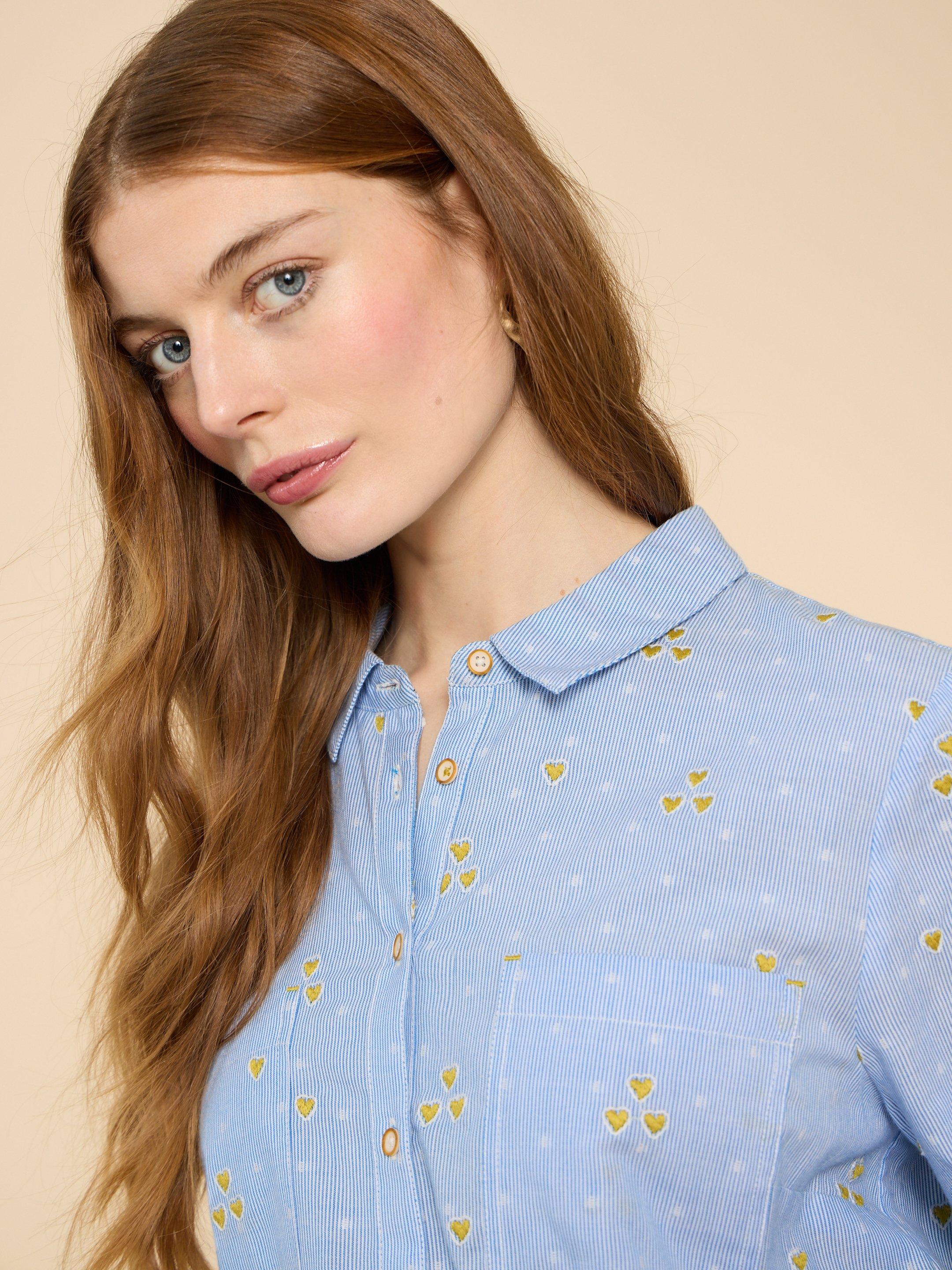 Sophie Heart Embroidered Shirt in BLUE MLT - MODEL DETAIL