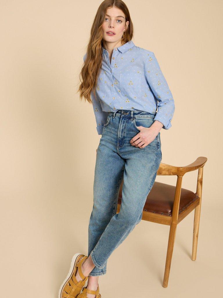 Sophie Heart Embroidered Shirt in BLUE MLT - MODEL FRONT