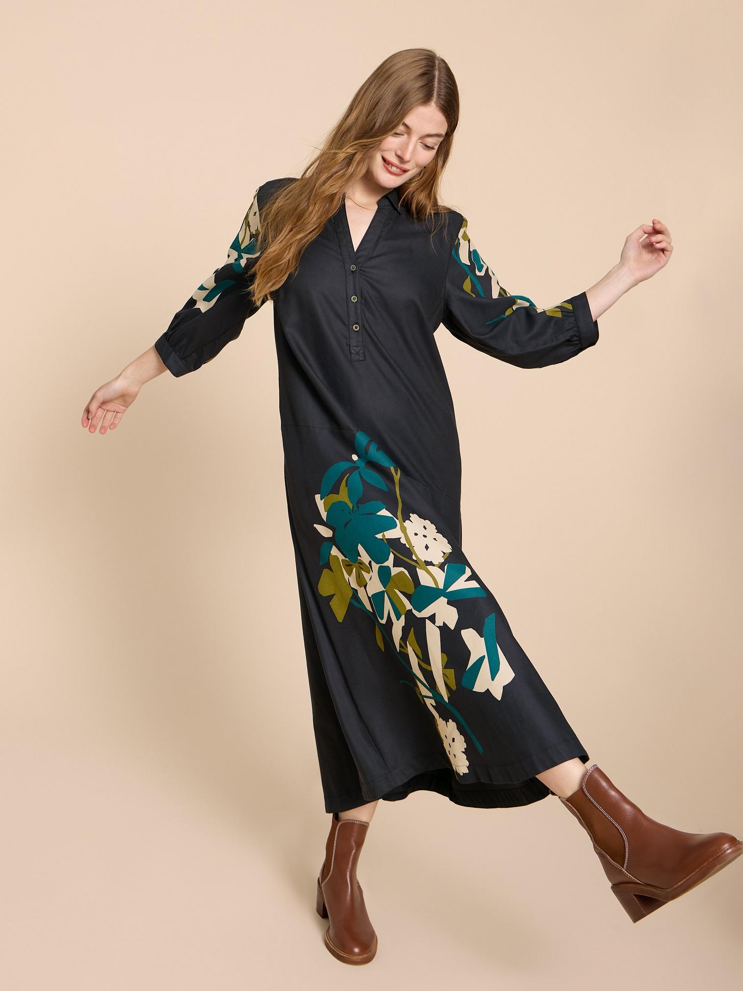 Mallory Midi Dress in BLK MLT - LIFESTYLE