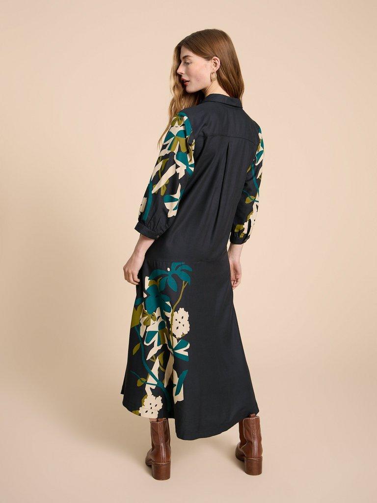 Mallory Midi Dress in BLK MLT - MODEL BACK