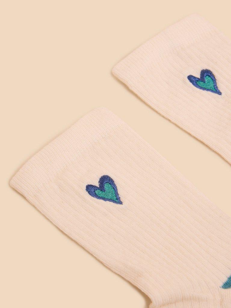 Embroidered Heart Rib Sock in PALE IVORY - FLAT FRONT