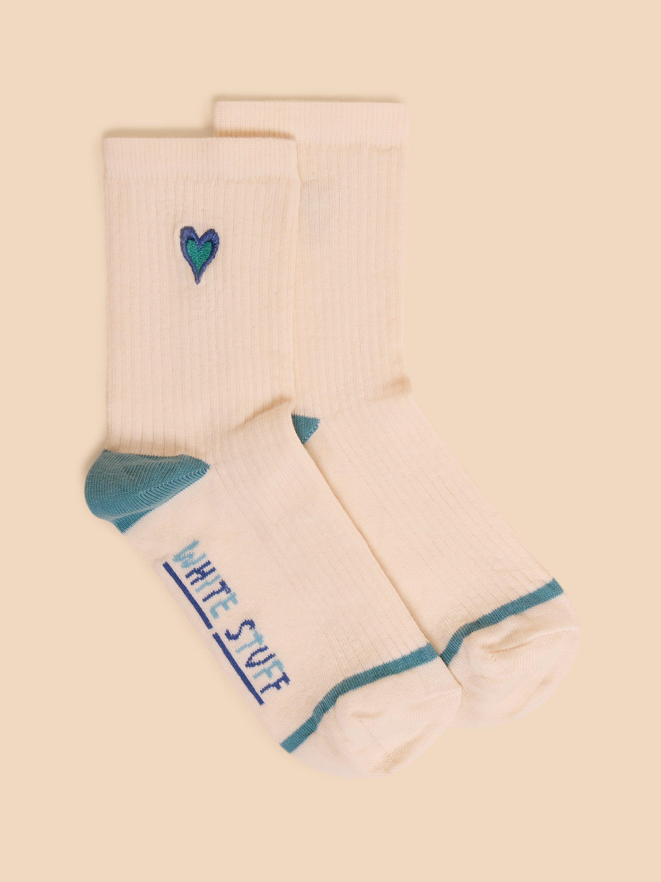 Embroidered Heart Rib Sock in PALE IVORY - MODEL FRONT
