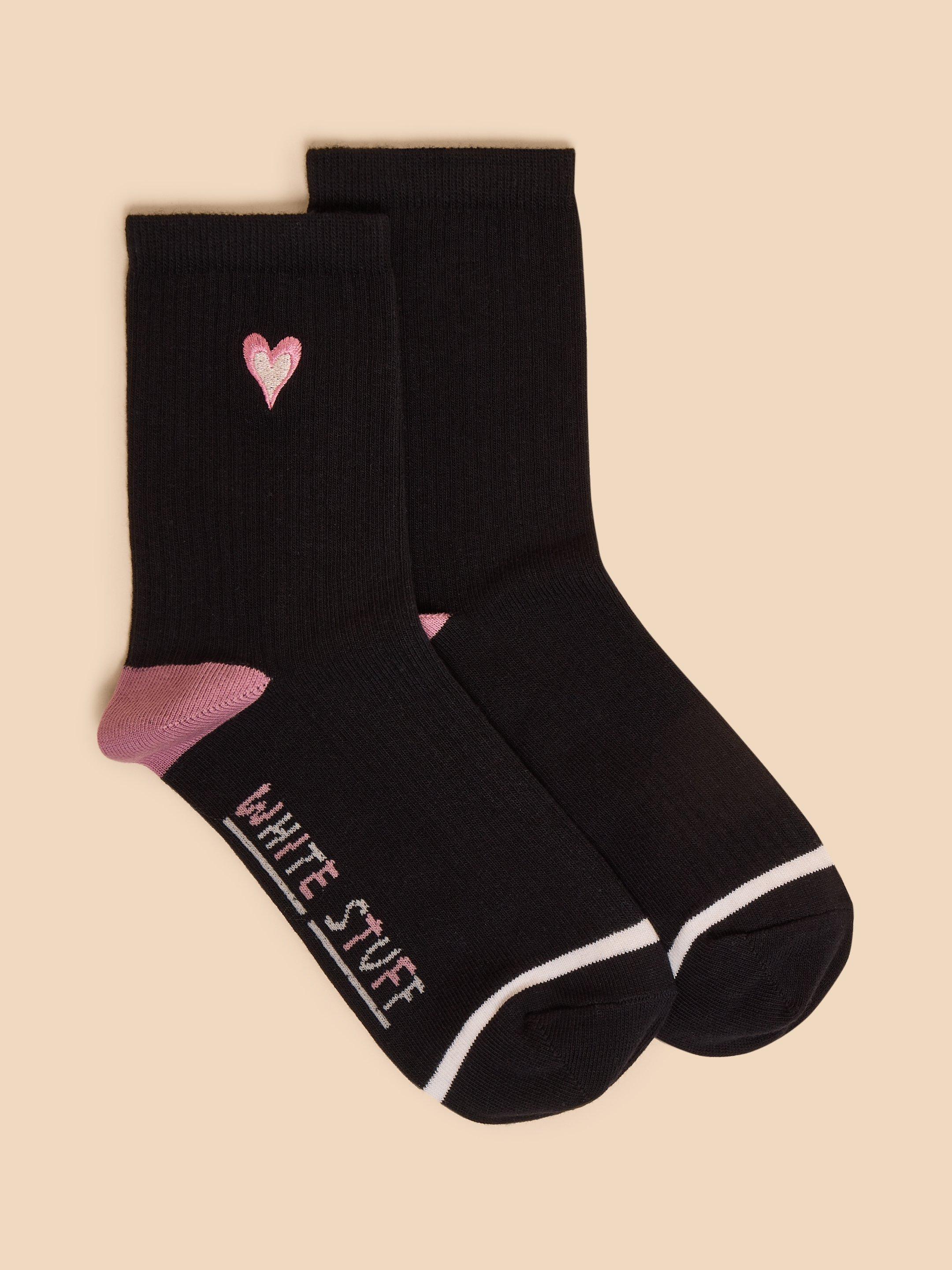 Embroidered Heart Rib Sock in PURE BLK - MODEL FRONT