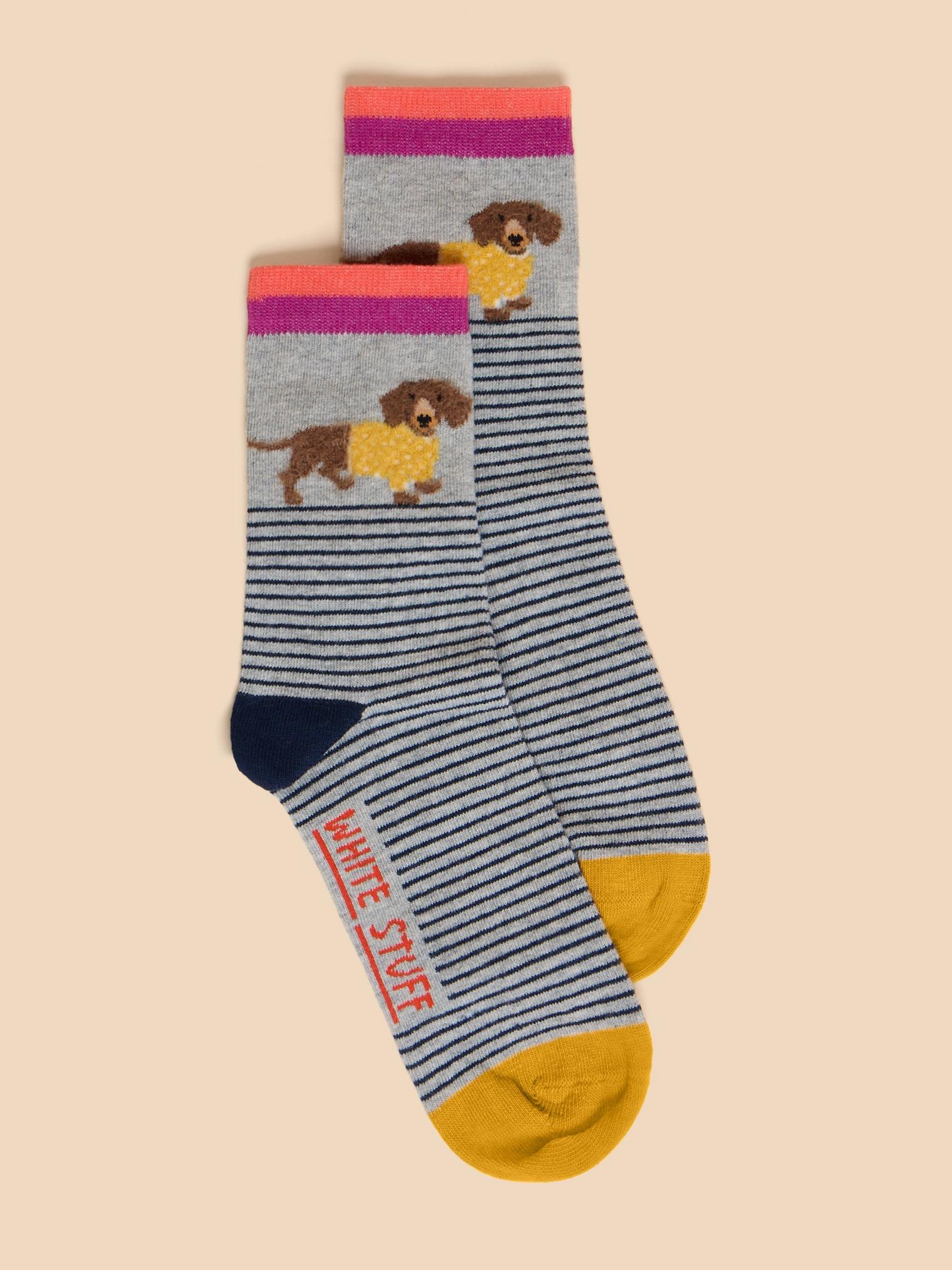 Fluffy Sausage Dog Ankle Sock in GREY MLT - MODEL FRONT