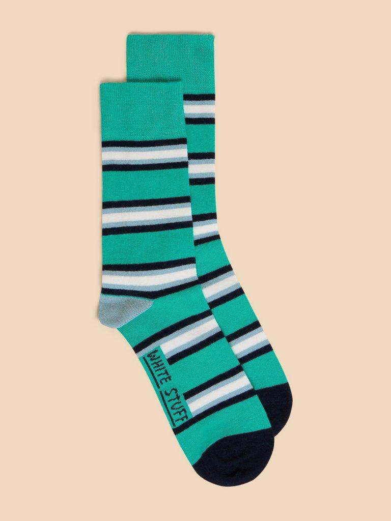 Spaced Stripe Ankle Sock in TEAL MLT - MODEL FRONT