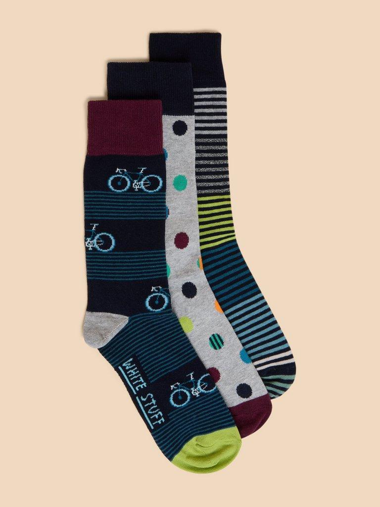 3 Pack Bicycle Ankle Sock in NAVY MULTI - MODEL FRONT