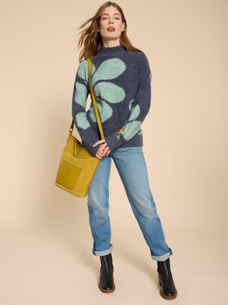 CELIA HIGH NECK FLORAL JUMPER in BLUE MLT - MODEL FRONT