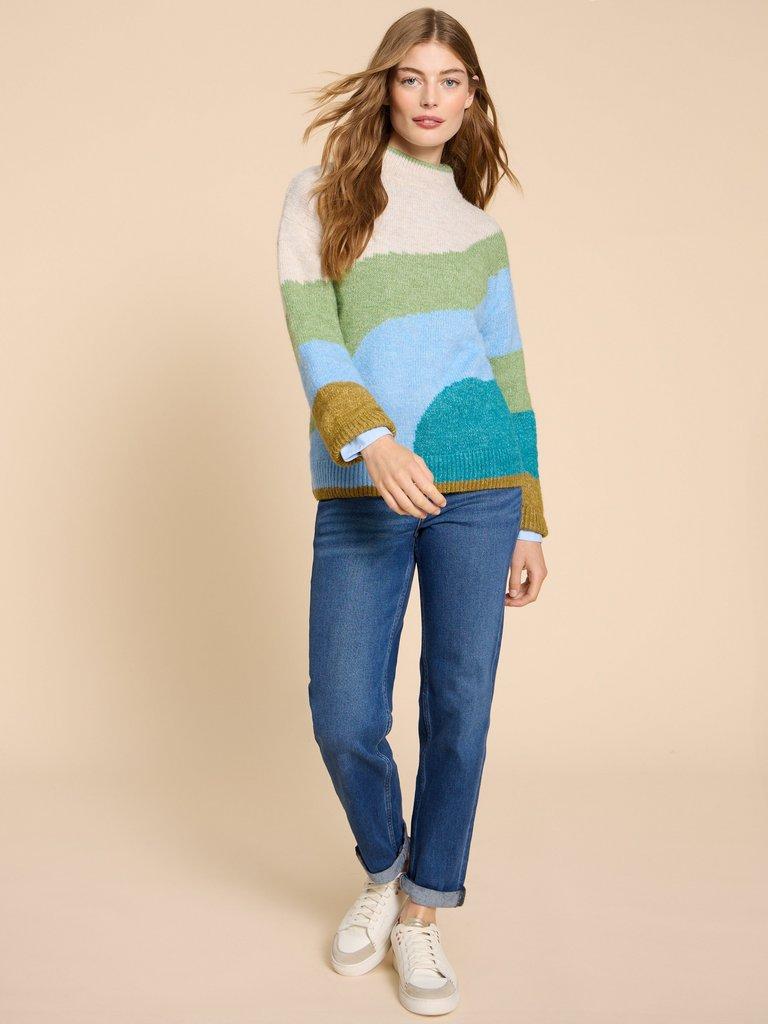 DAISY COLOUR BLOCK JUMPER  in GREEN MLT - MODEL FRONT