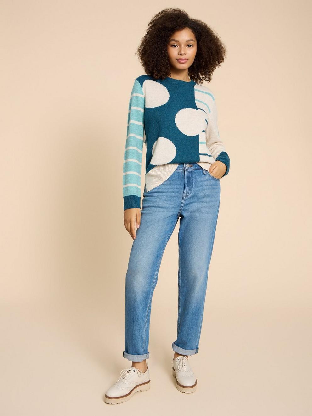 JADE SPOTSTRIPE JUMPER in TEAL MLT - MODEL FRONT