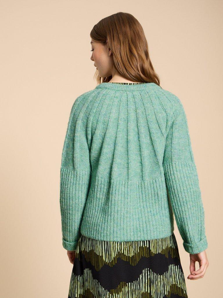 CLOVER CARDIGAN in MID GREEN - MODEL BACK