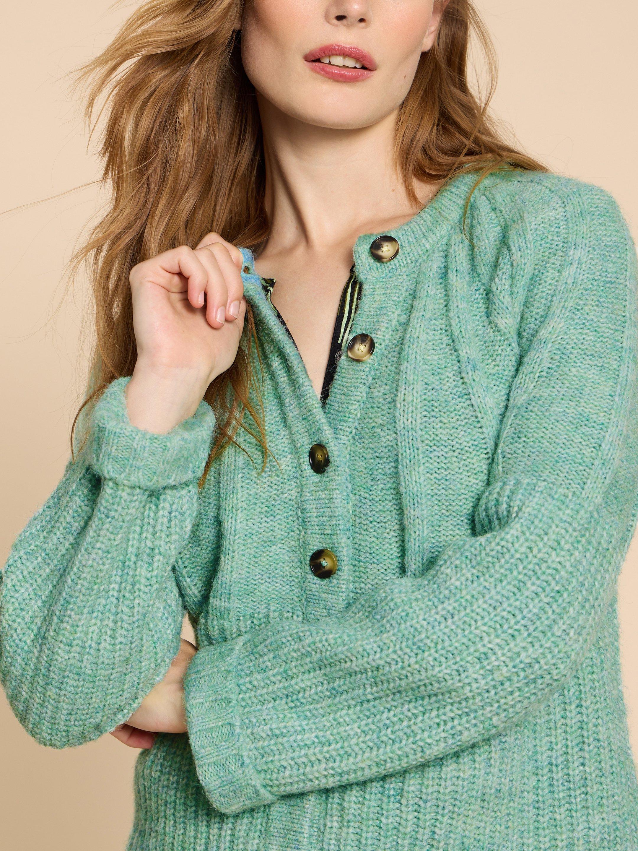 CLOVER CARDIGAN in MID GREEN - MODEL FRONT