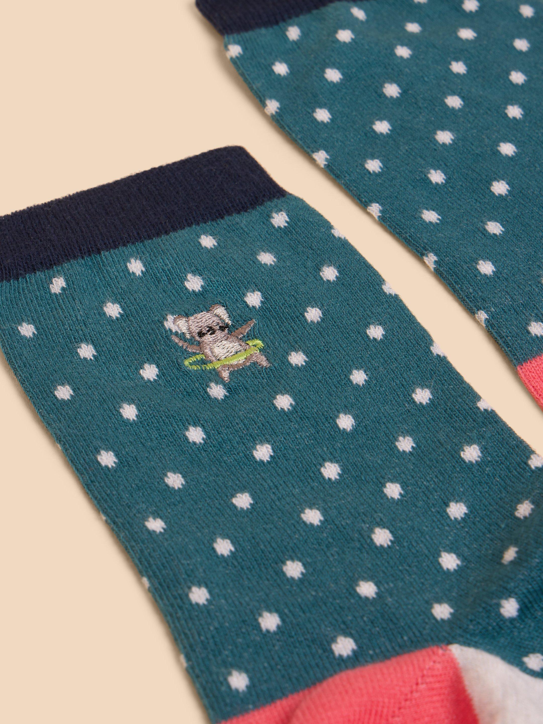 Embroidered Koala ankle Sock in TEAL MLT - FLAT FRONT