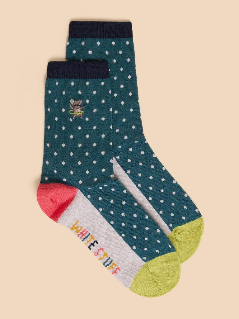 Embroidered Koala ankle Sock in TEAL MLT - MODEL FRONT