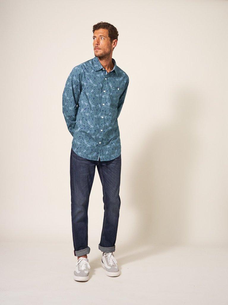 Peacock Printed Classic Shirt in BLUE PR - MODEL FRONT
