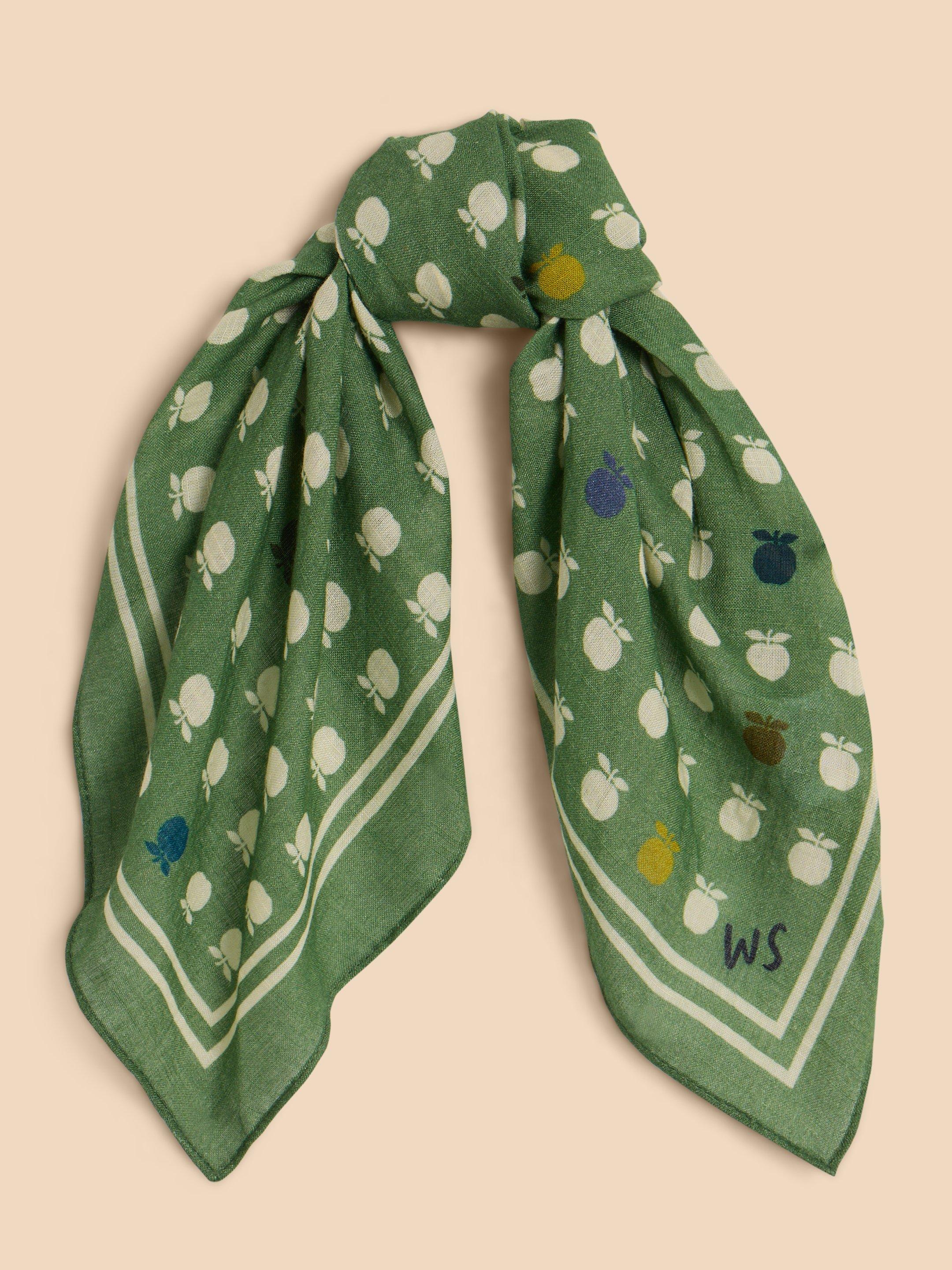 Apple Print Square Scarf in GREEN PR - FLAT FRONT