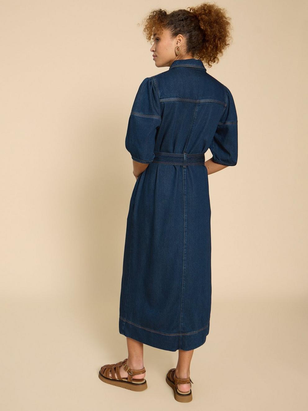 Kerry Denim Midi Dress in DK DENIM - MODEL BACK