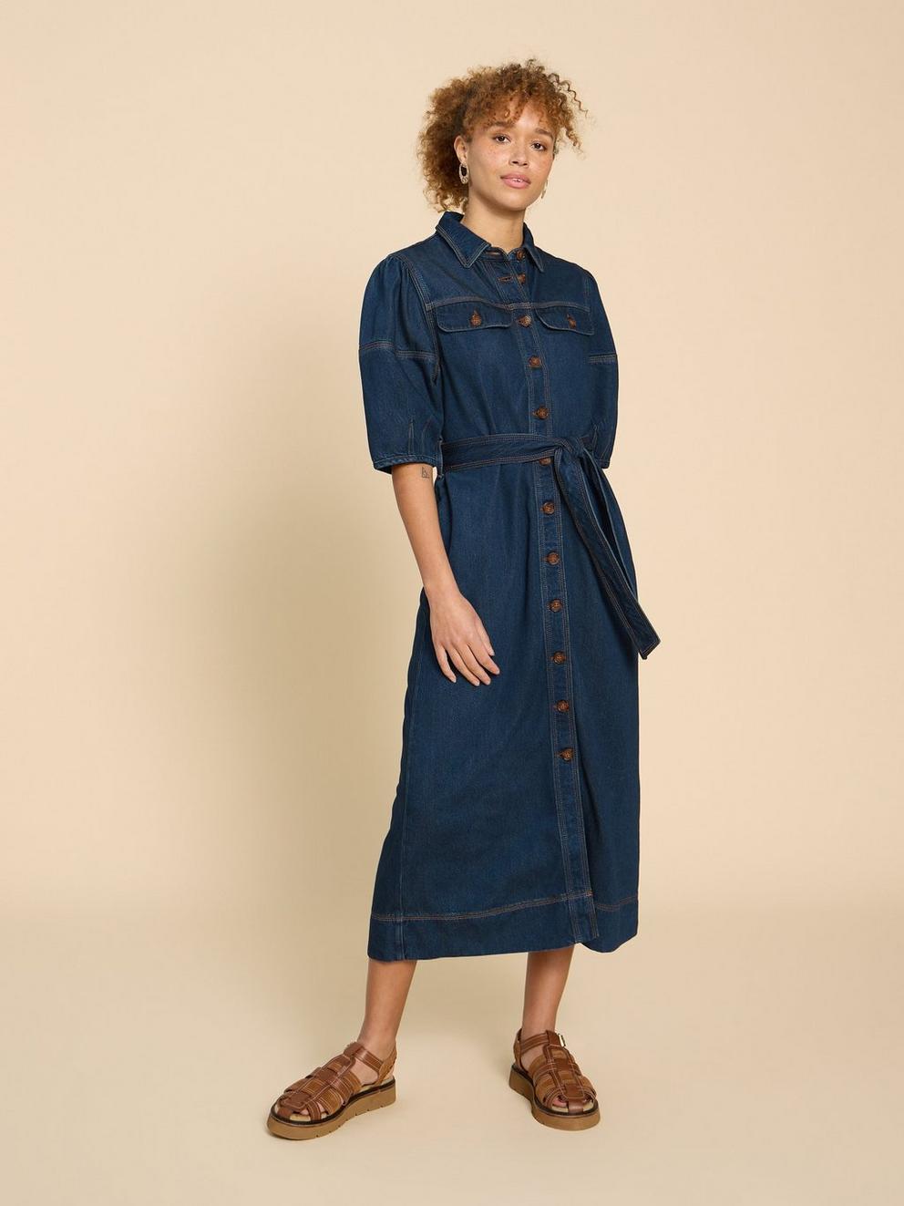 Kerry Denim Midi Dress in DK DENIM - MODEL DETAIL