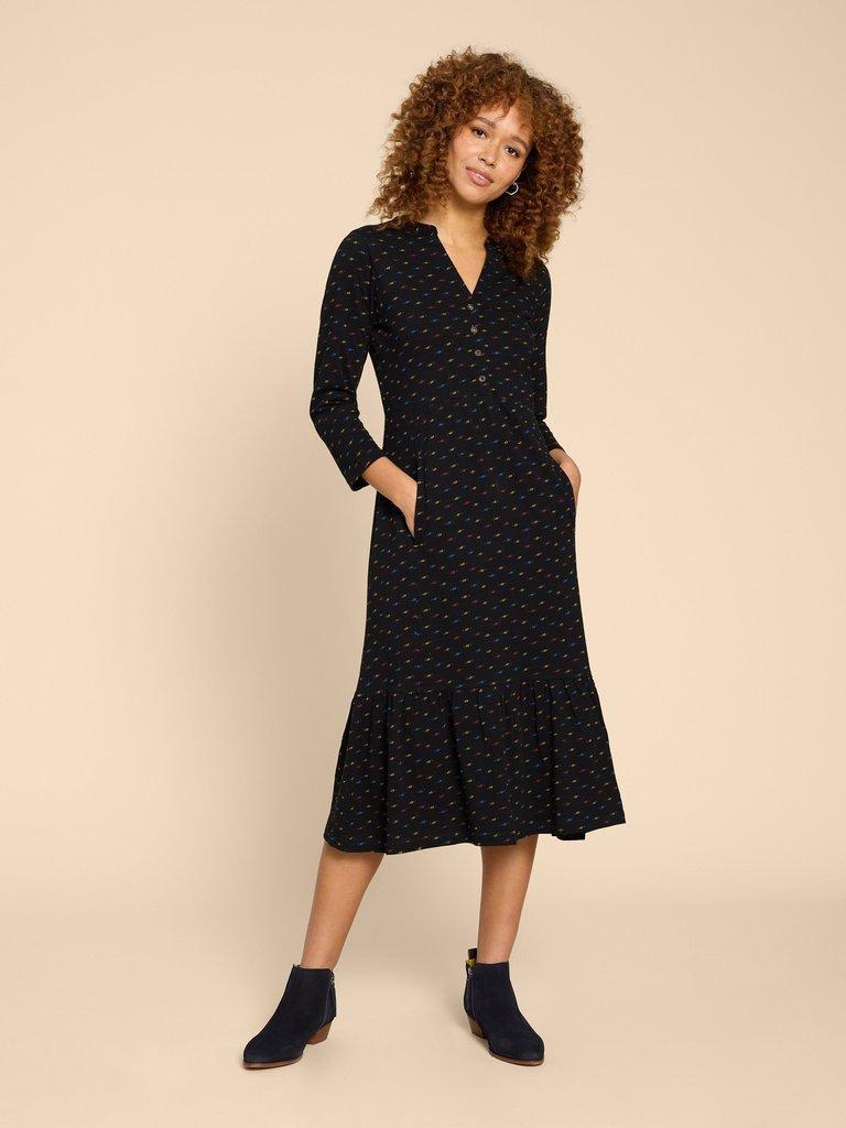 Naya Jersey Cotton Midi Dress in BLACK MULTI | White Stuff