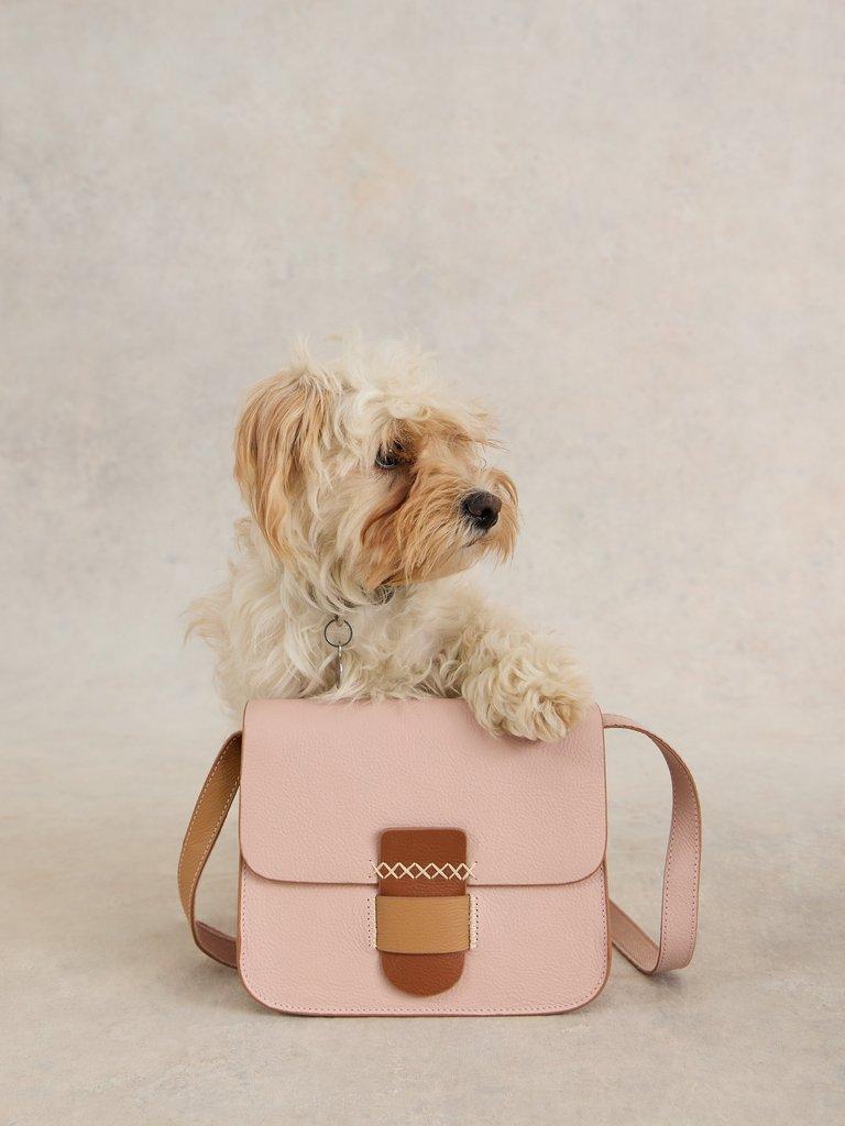 Evie Leather Satchel in LGT PINK - MODEL FRONT