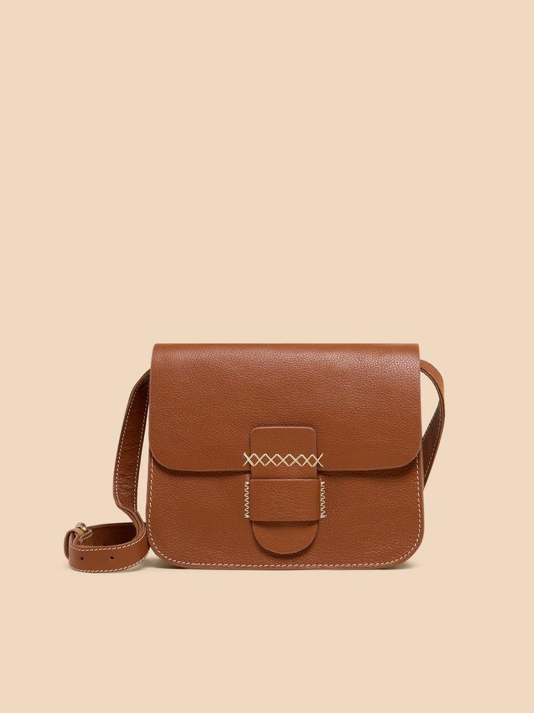 Evie Leather Satchel in MID TAN - MODEL FRONT