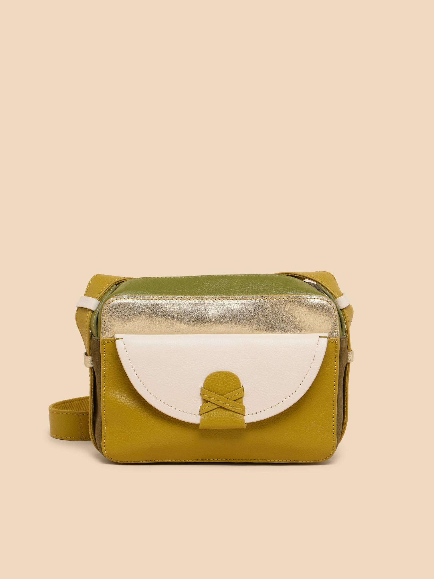Leather Lola Camera Bag in GREEN MLT - MODEL FRONT
