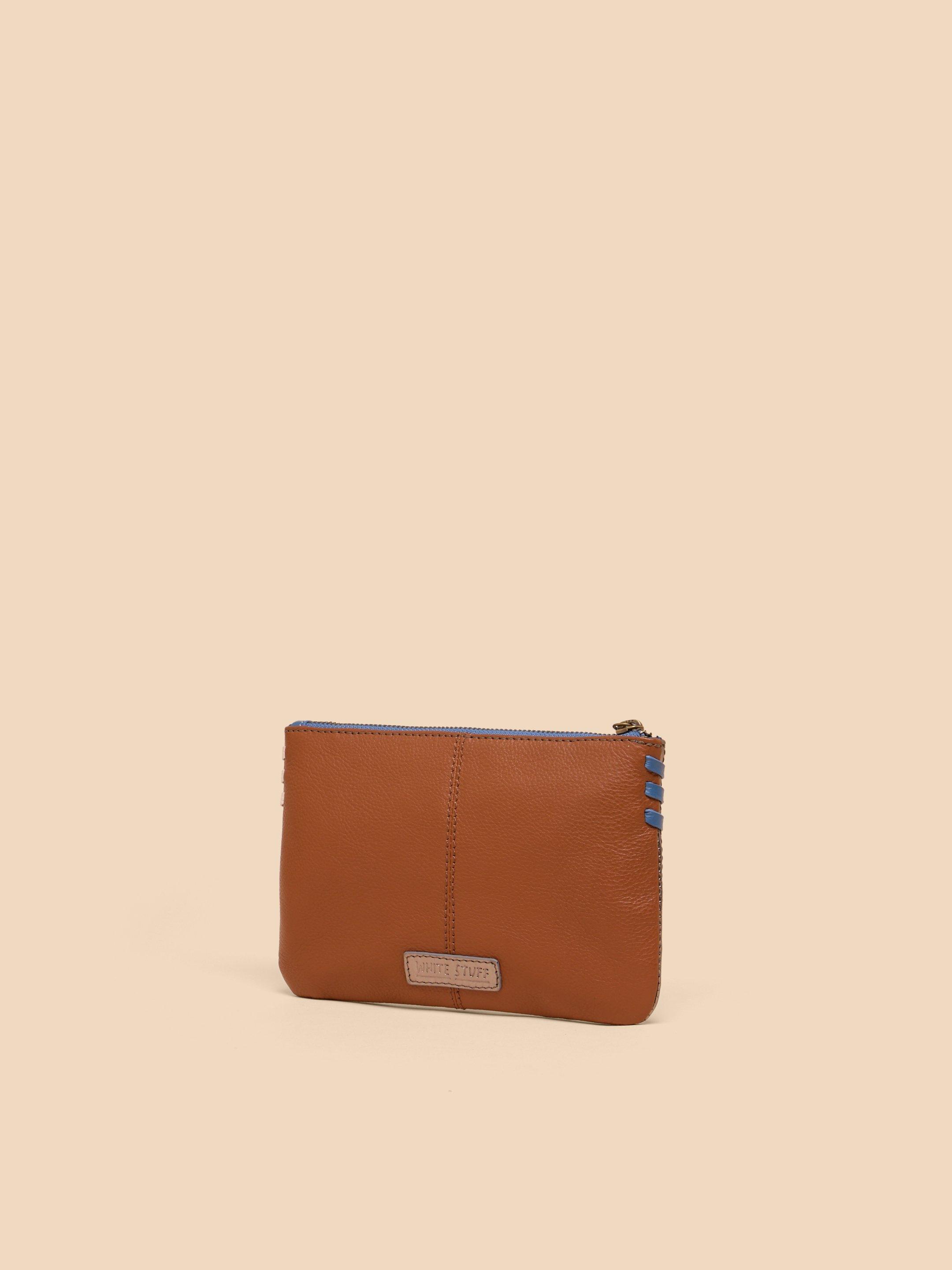 Leather Zip Top Pouch in TAN MULTI - FLAT BACK