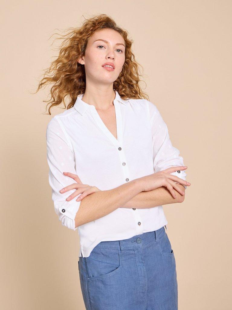ANNIE MIX JERSEY SHIRT in PALE IVORY - MODEL FRONT