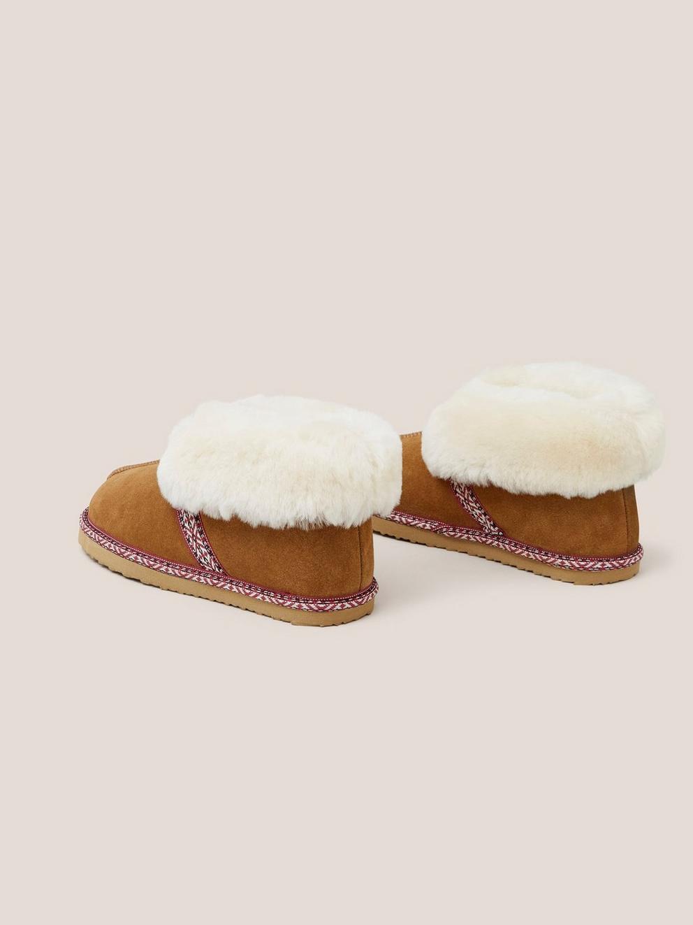 Suede Shearling Slipper Bootie in MID TAN - FLAT BACK