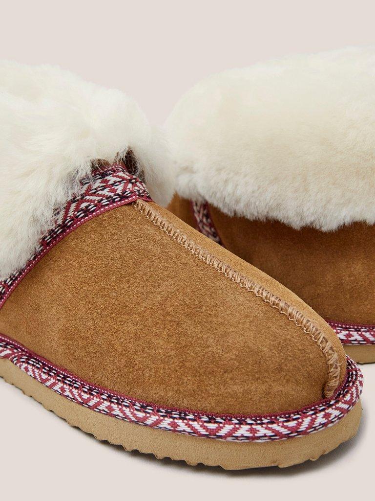 Suede Shearling Slipper Bootie in MID TAN - FLAT DETAIL