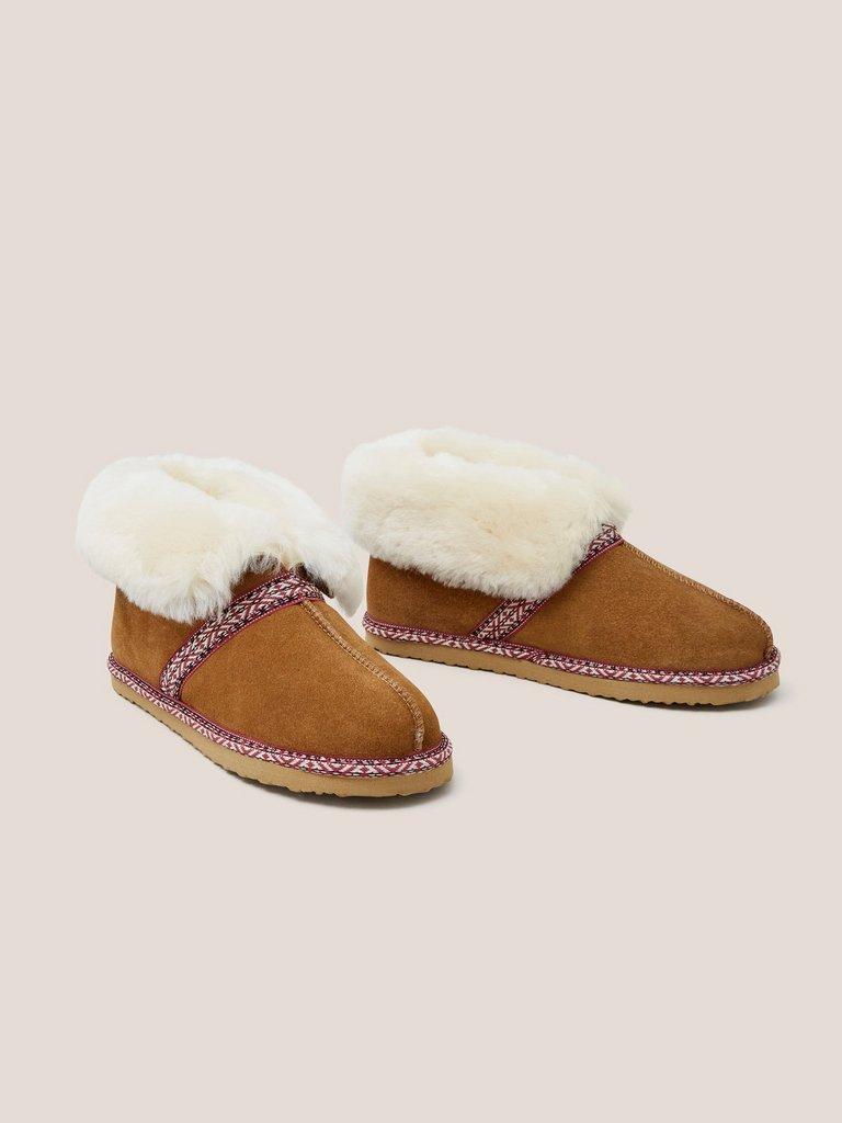 Suede Shearling Slipper Bootie in MID TAN - FLAT FRONT