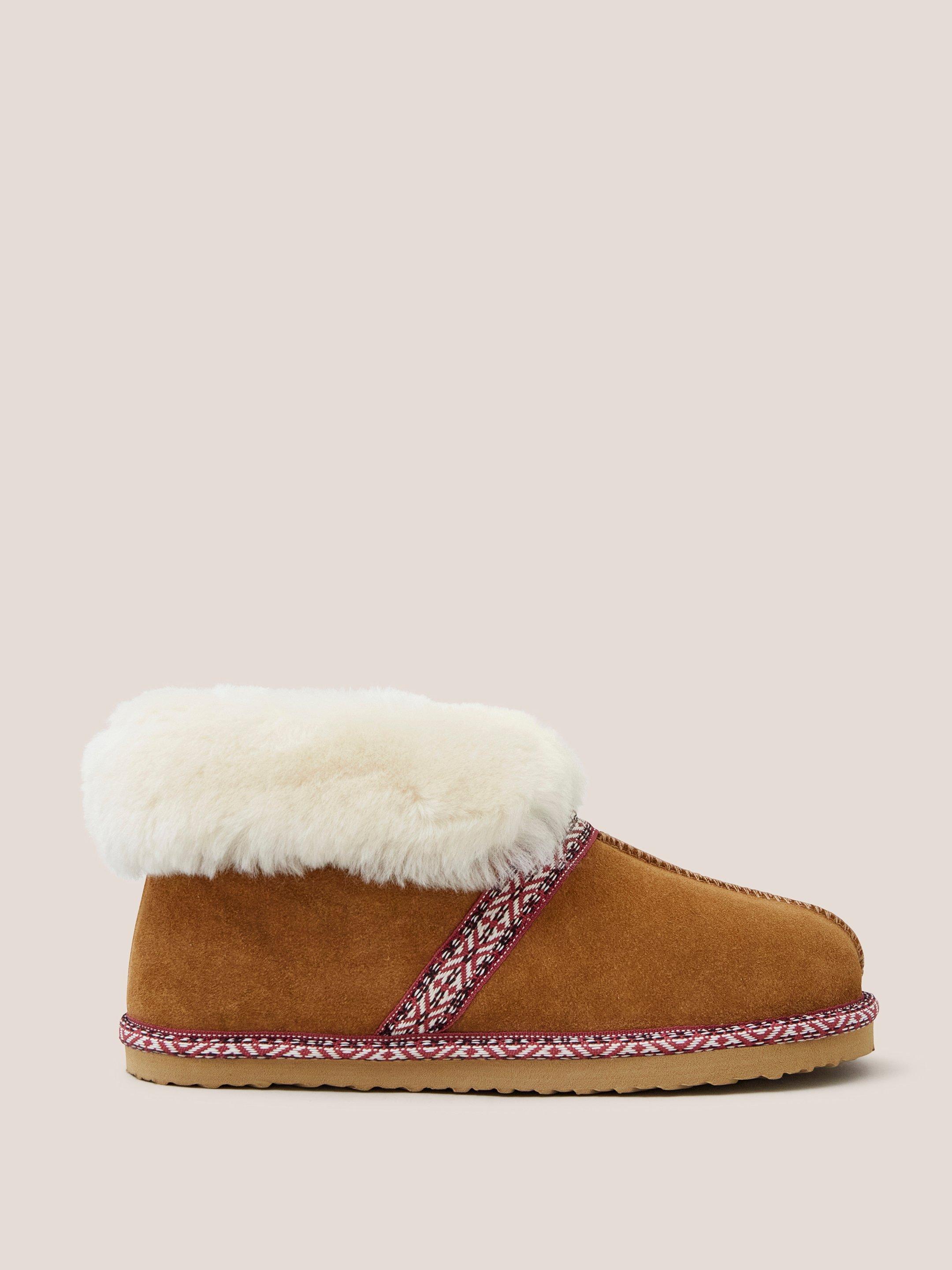 Suede Shearling Slipper Bootie in MID TAN - MODEL FRONT