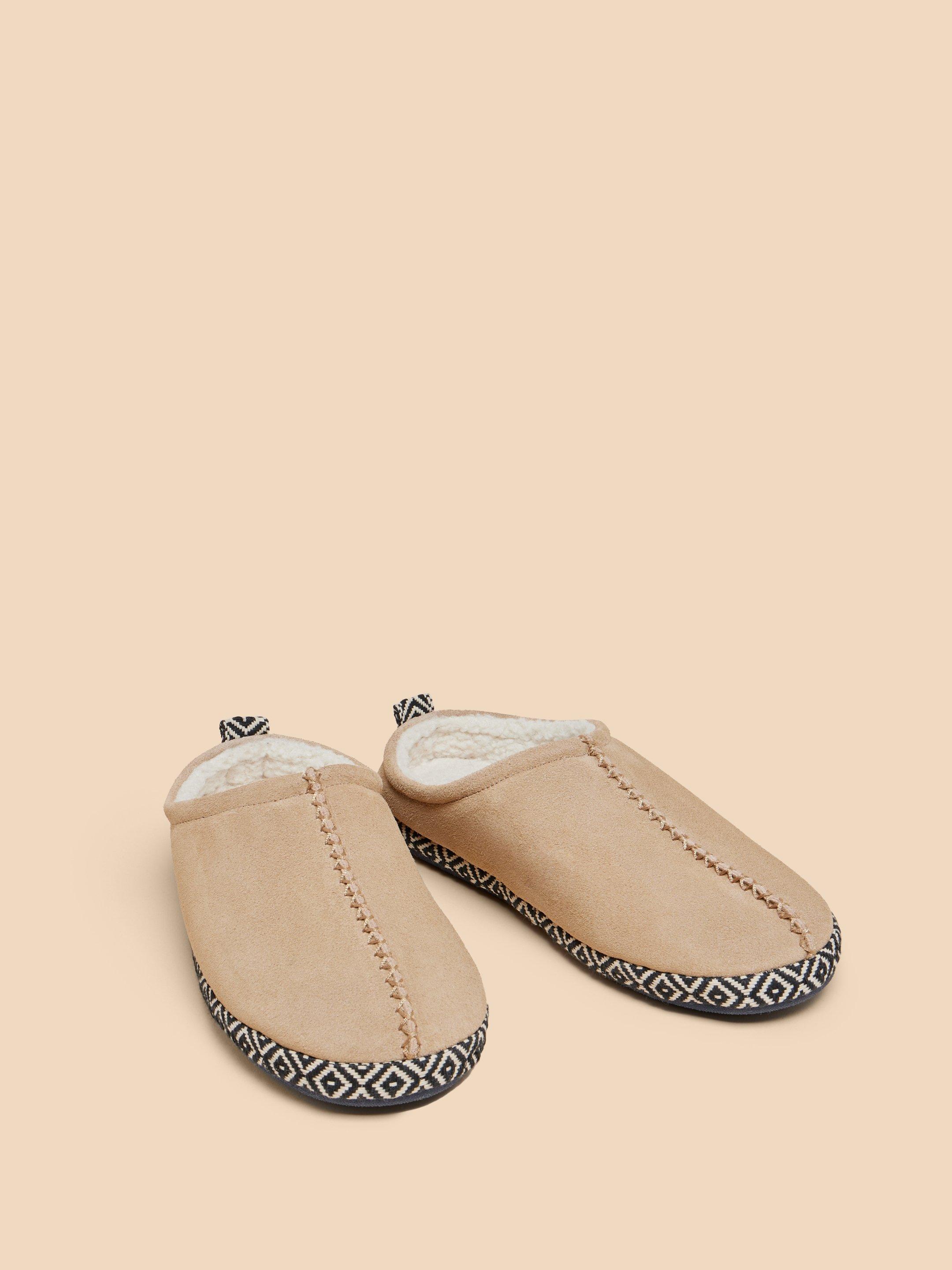 Suede Borg Mule Slipper in LIGHT TAN - FLAT FRONT