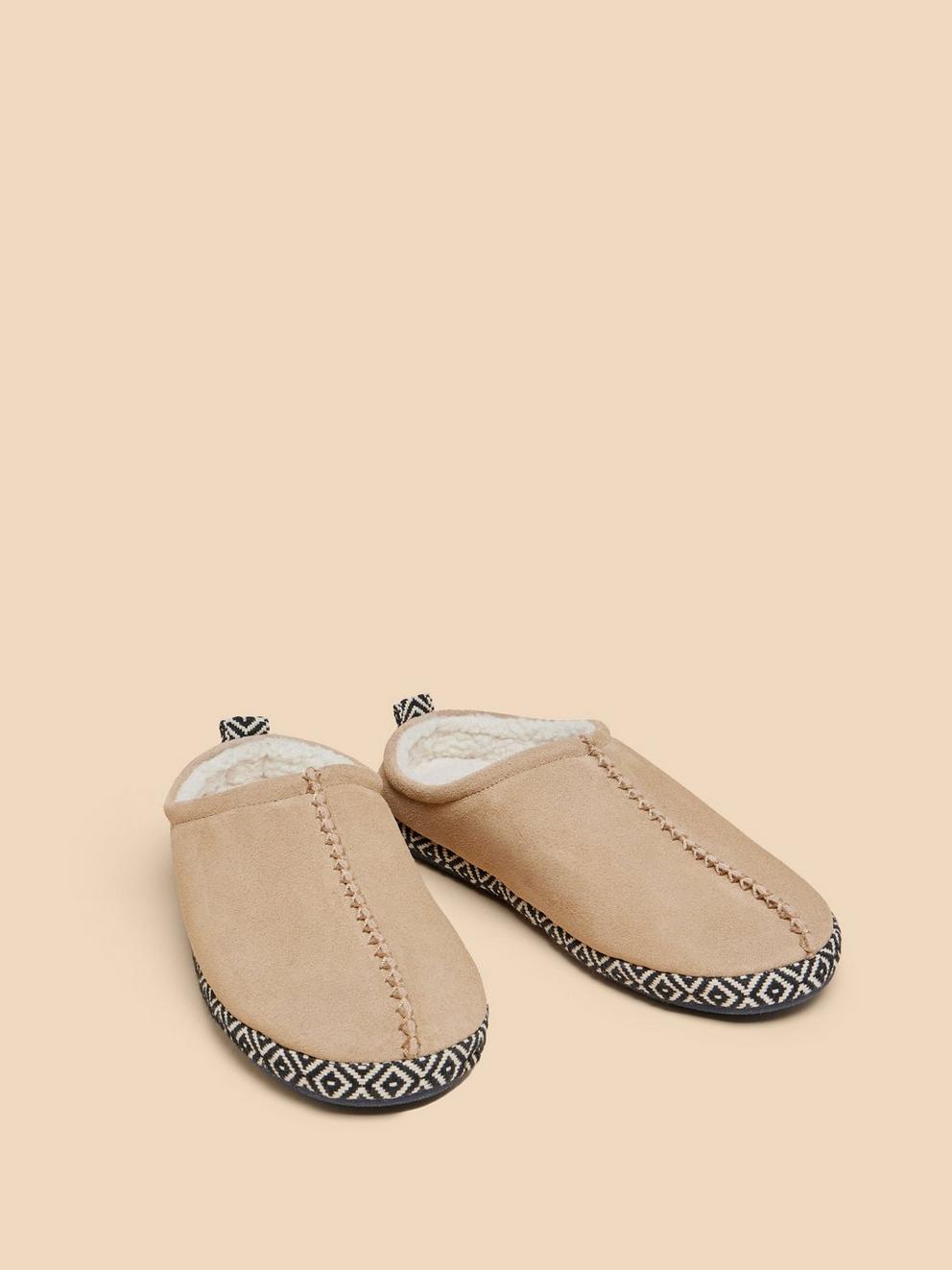 Suede Borg Mule Slipper in LIGHT TAN - FLAT FRONT