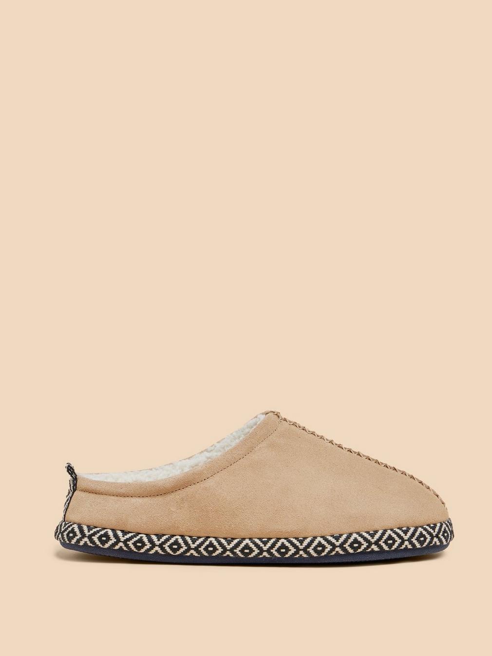 Suede Borg Mule Slipper in LIGHT TAN - MODEL FRONT