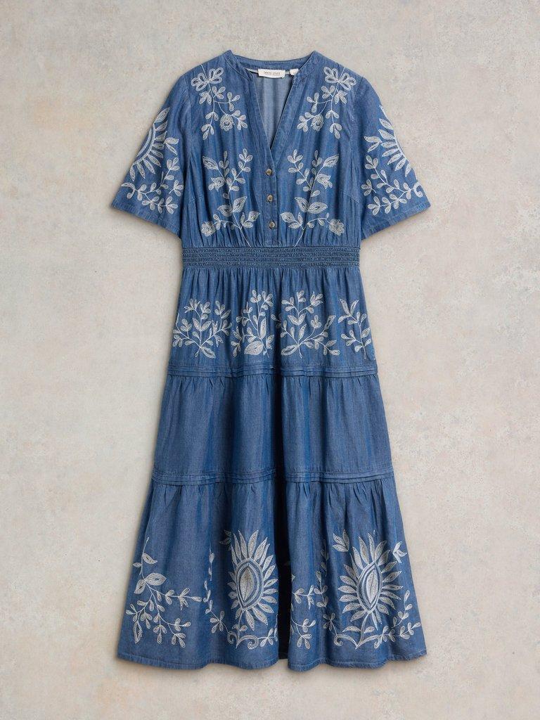 Isla Embroidered Denim Dress in LGT DENIM - FLAT FRONT