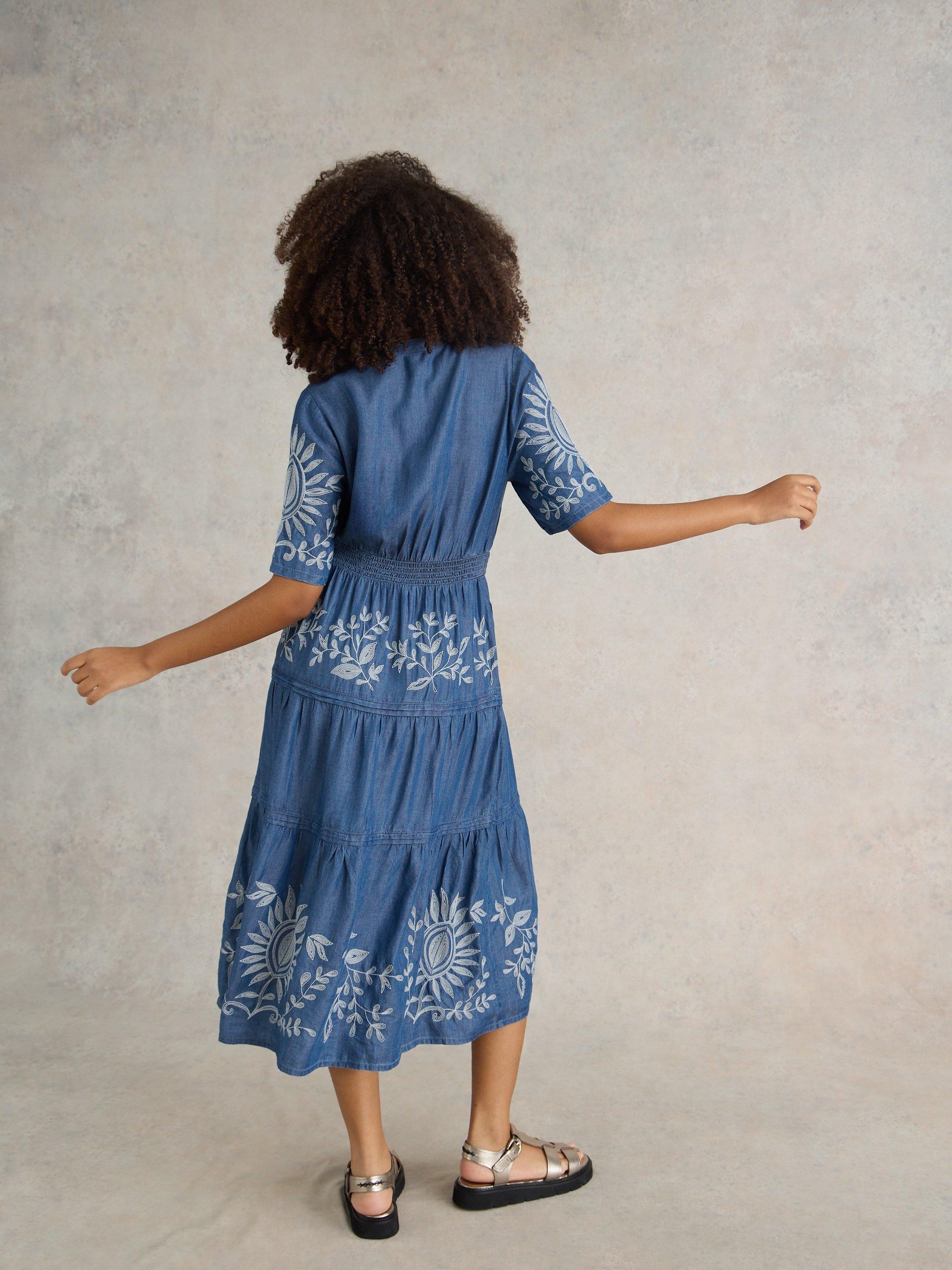 Isla Embroidered Denim Dress in LGT DENIM - MODEL BACK