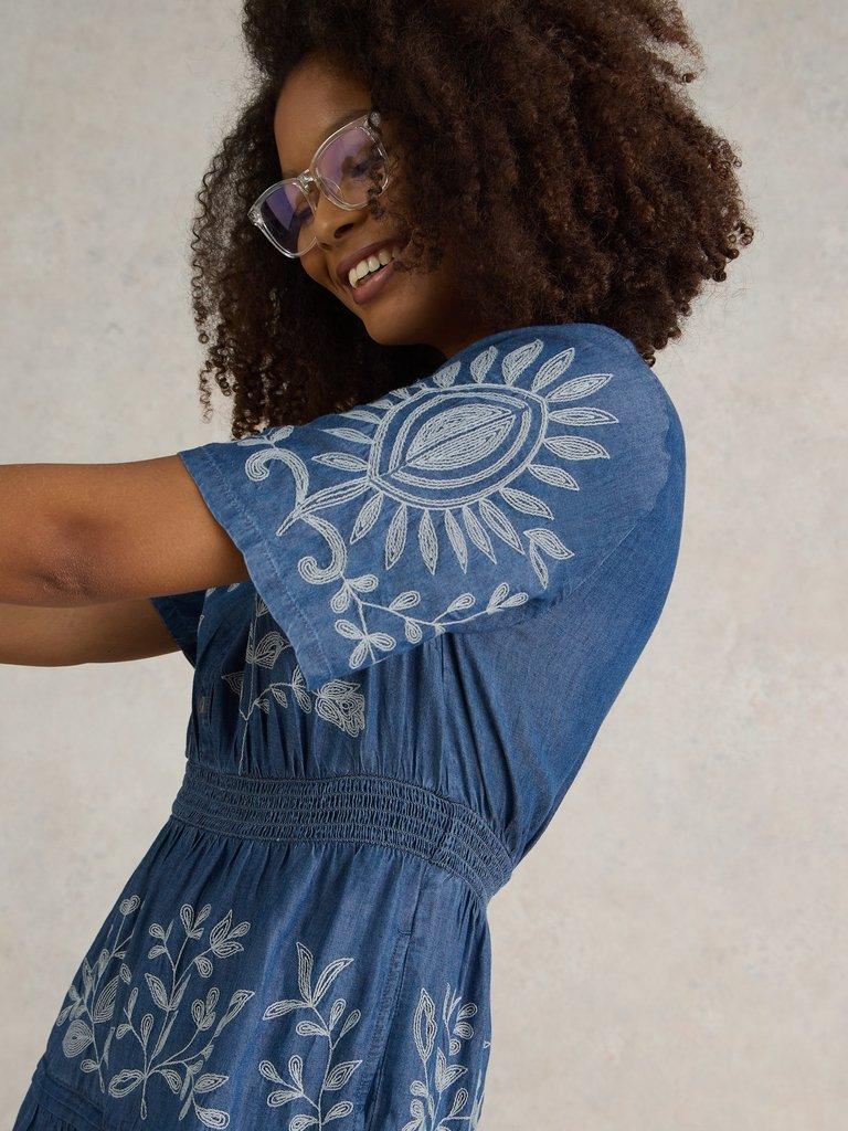 Isla Embroidered Denim Dress in LGT DENIM - MODEL DETAIL