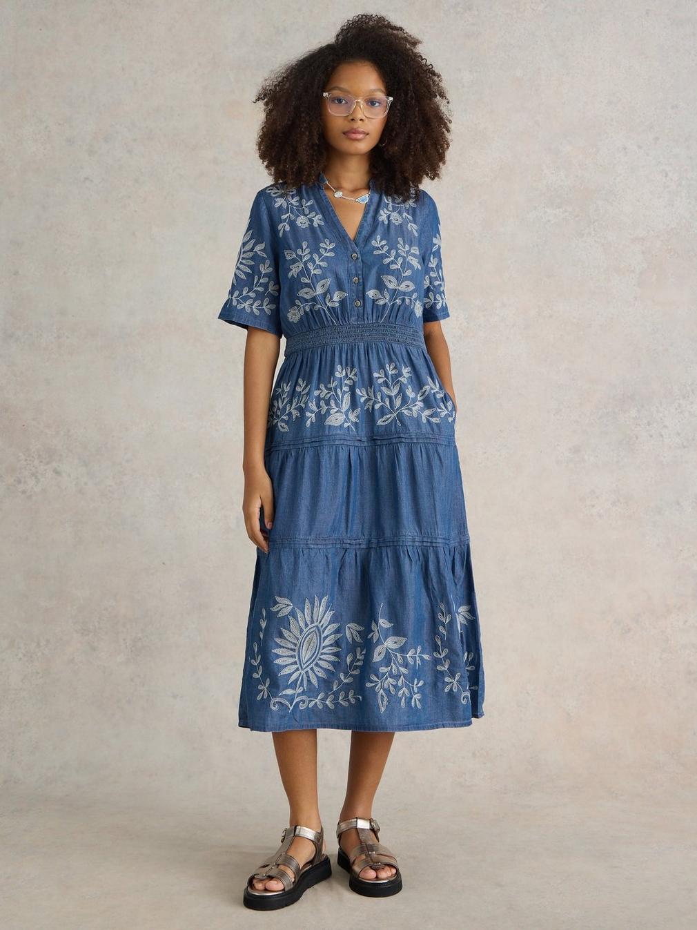 Isla Embroidered Denim Dress in LGT DENIM - MODEL FRONT