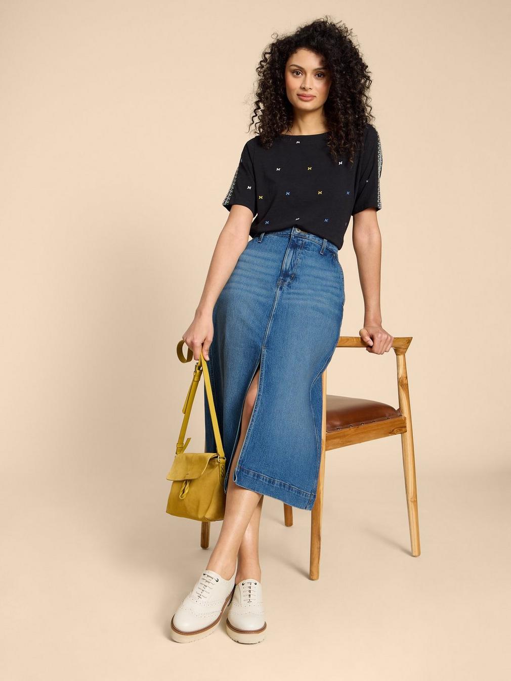 Allie Denim Midi Skirt in LGT DENIM - MODEL FRONT