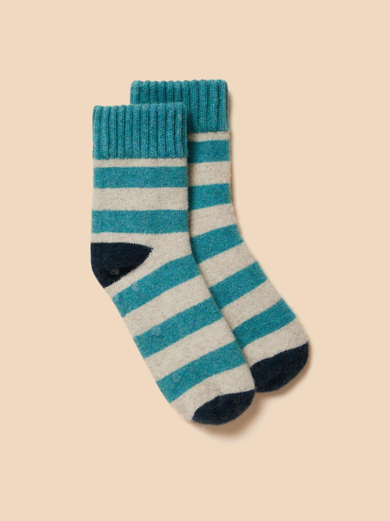 Striped Loopback Cosy Sock in BLUE MLT - MODEL FRONT