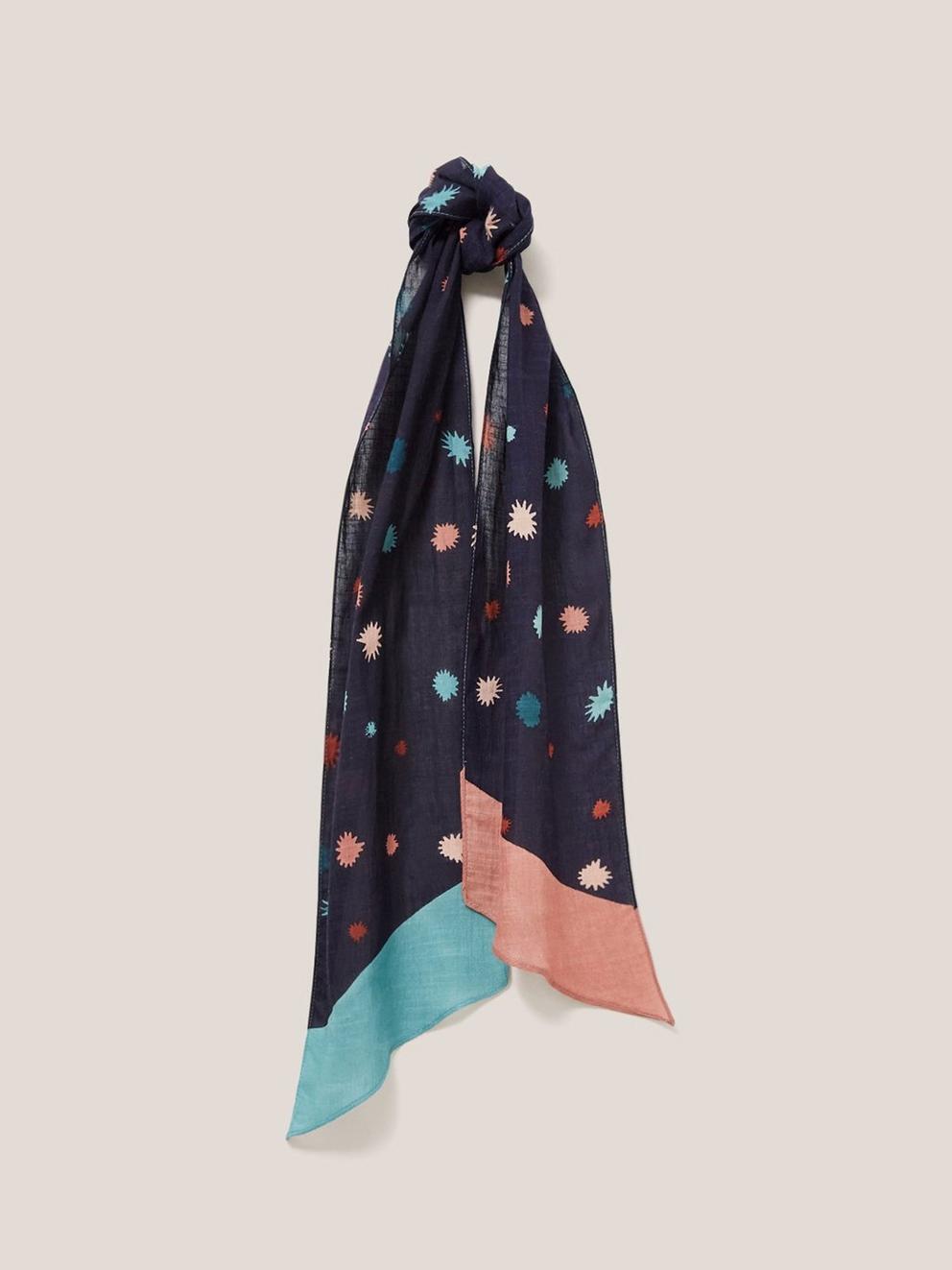 Starburst Print Skinny Scarf in BLK MLT - MODEL FRONT