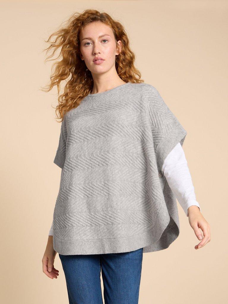 Florence Knitted Poncho in GREY MARL - MODEL FRONT