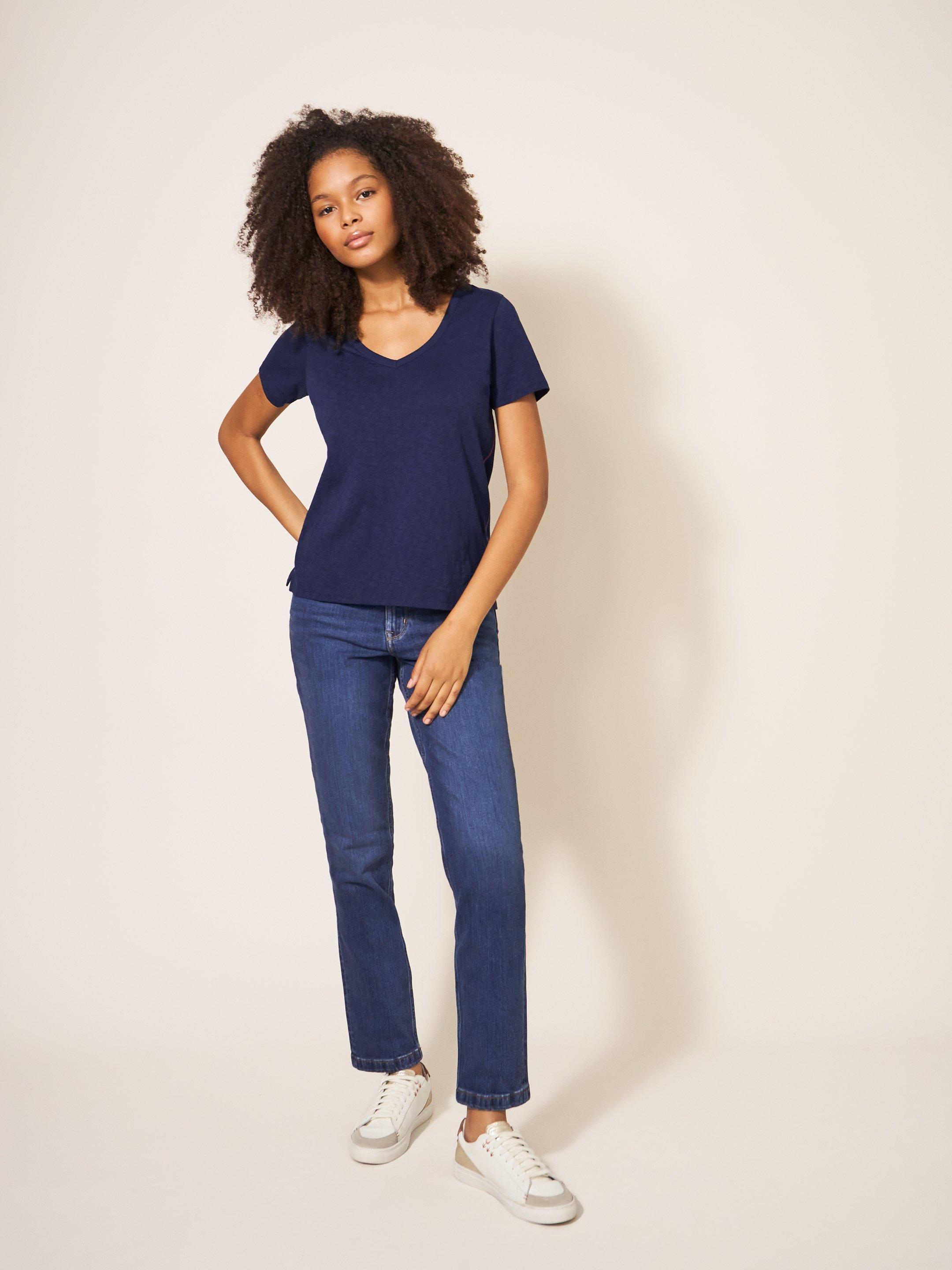 NATALIE V NECK TEE in DARK NAVY - MODEL FRONT