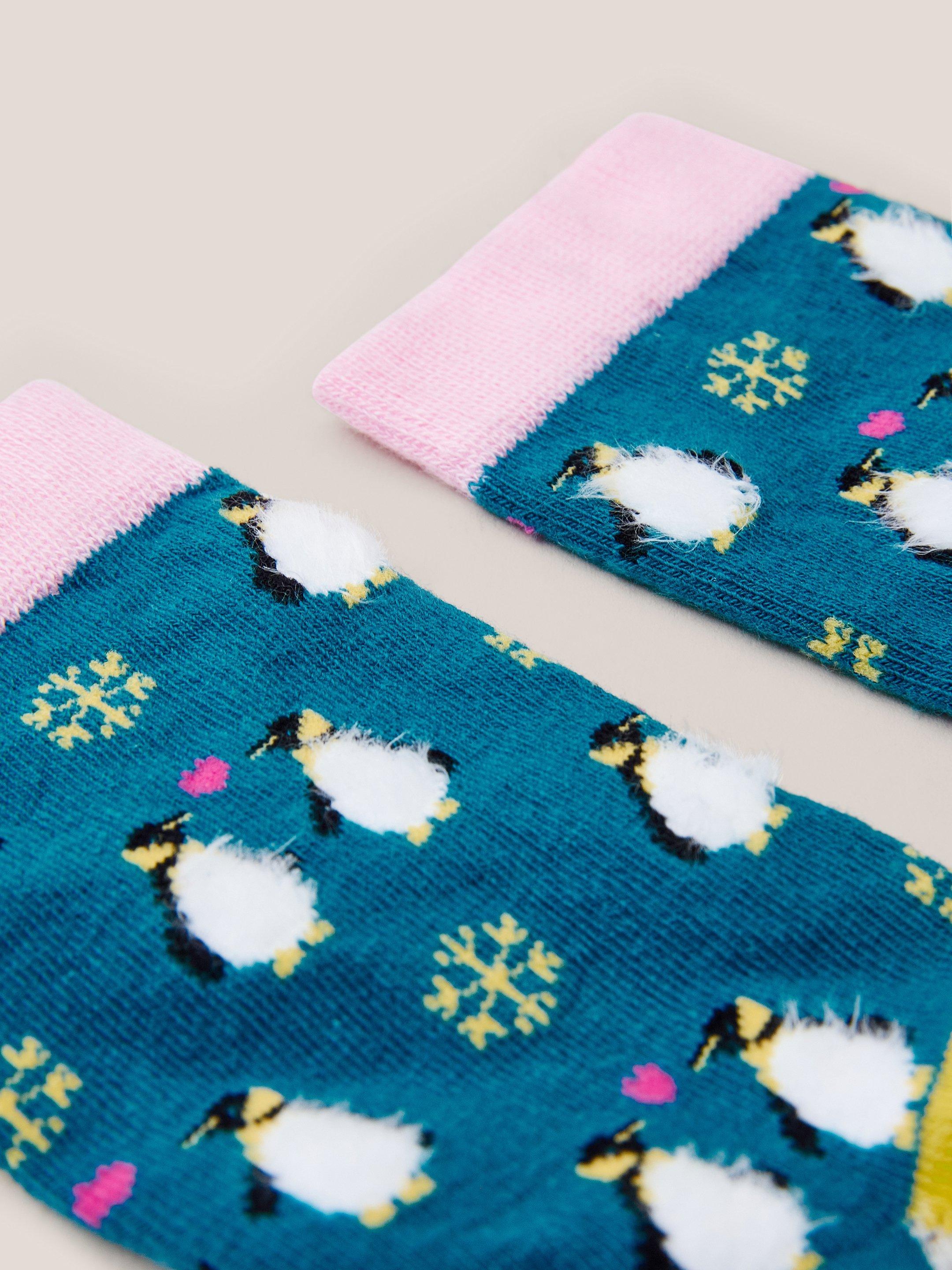 Fluffy Penguin Socks in TEAL MLT - FLAT DETAIL