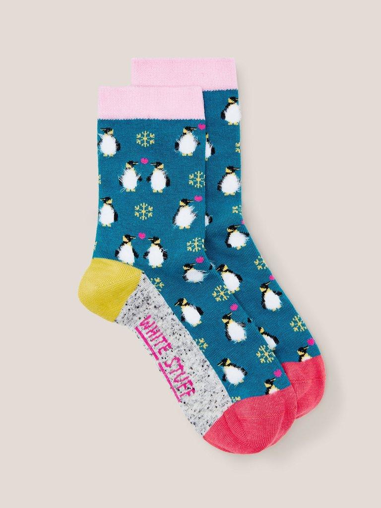 Fluffy Penguin Socks in TEAL MLT - FLAT FRONT