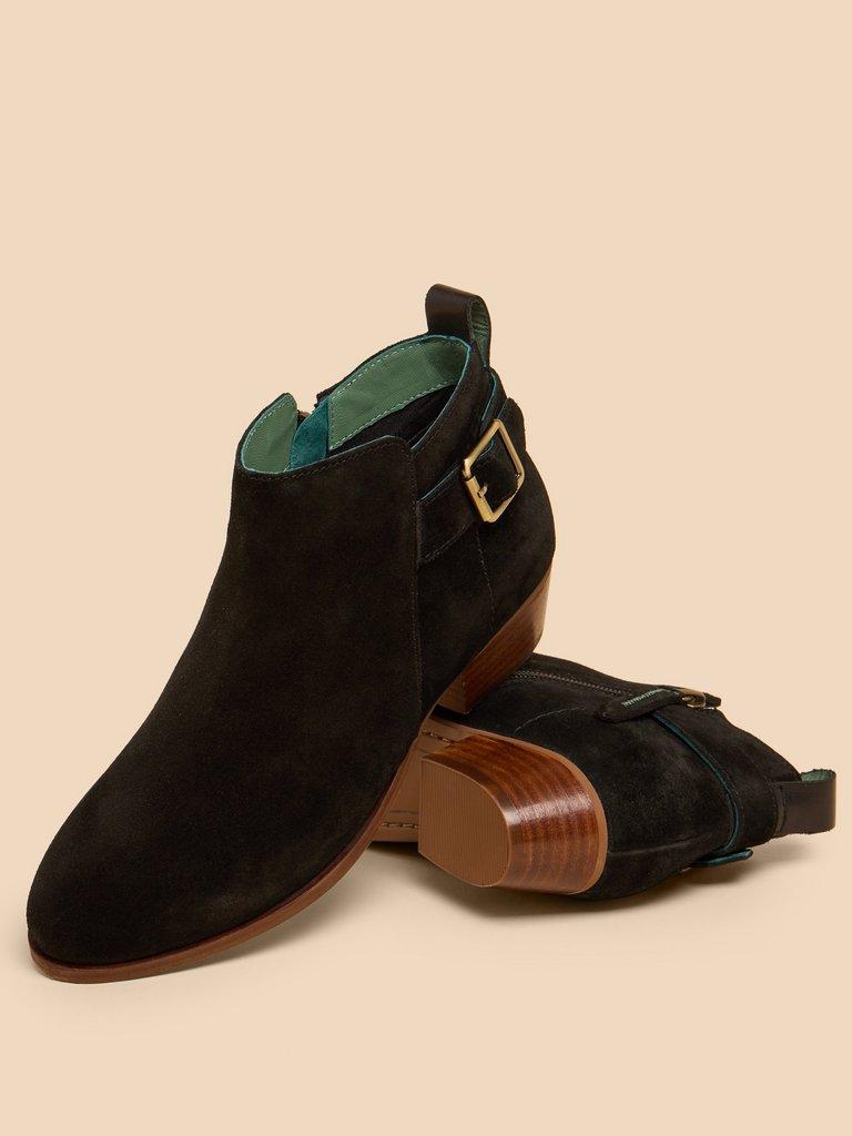Willow Suede Buckle Ankle Boot in PURE BLK - FLAT DETAIL